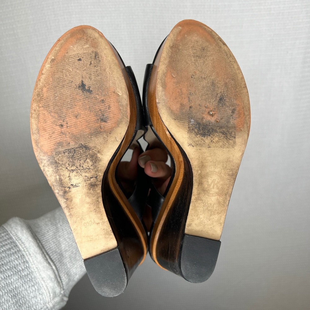 Michael Kors Black Leather Wooden Wedge Slingback Heels Women Size 9.5 - Picture 4 of 8